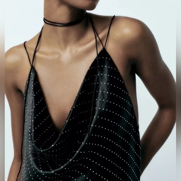 Zara Mini Waterfall Open Back Cocktail Party Dress Black Crystal size M - Picture 8 of 16